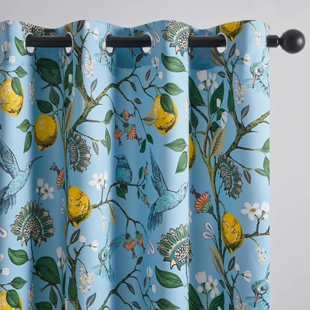 Floral Lemon Hummingbird Curtains Patterned Waverly Mid-Century Style